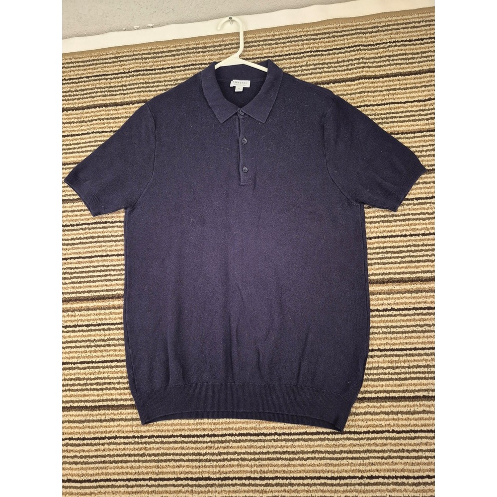 Sunspel Mens Navy Blue Knit Polo Shirt Short Sleeve Size M Made in Portugal